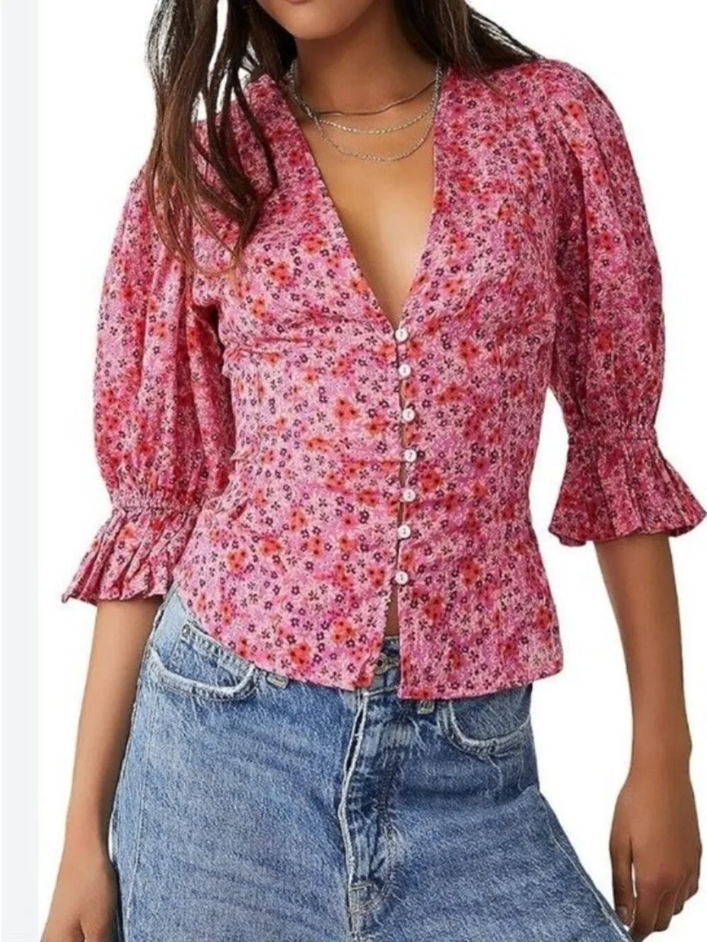 Free People I Found You floral print Ren Faire boho puff sleeve cottage XS shirt
